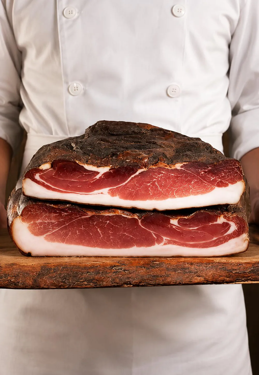 Un chef tenant deux pièces de charcuterie entières sur une planche en bois