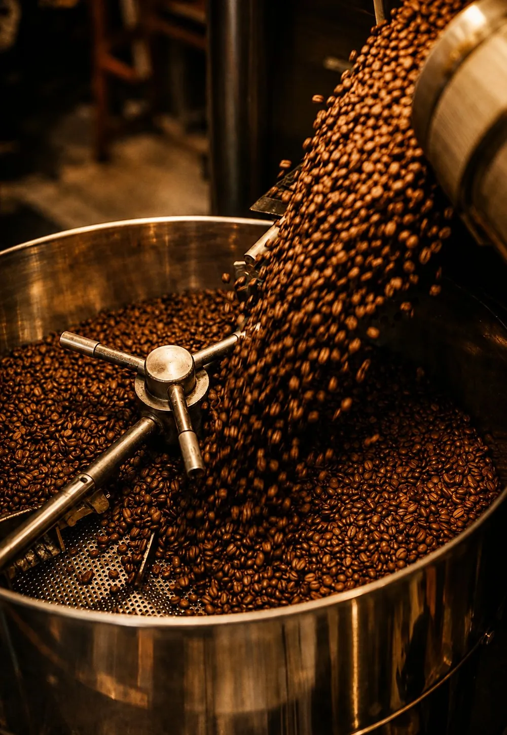 Des grains de café torréfiés versés dans un tambour de torréfaction