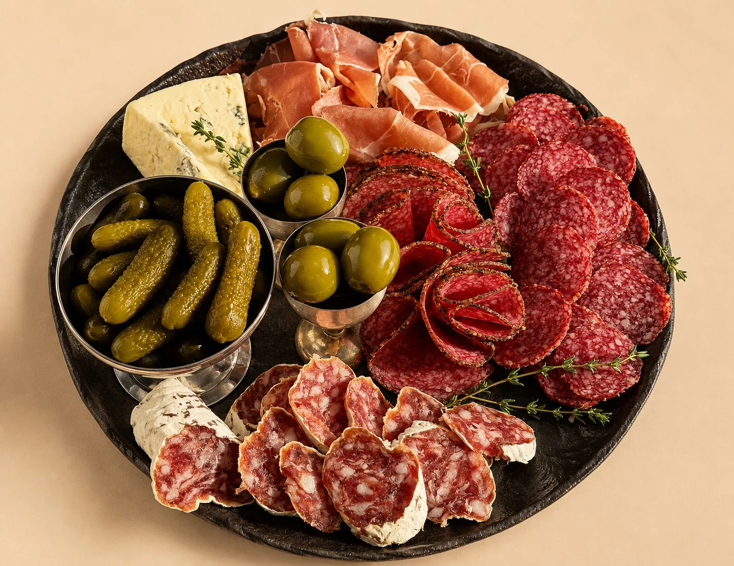 Une planche de charcuterie avec fromage, olives et cornichons